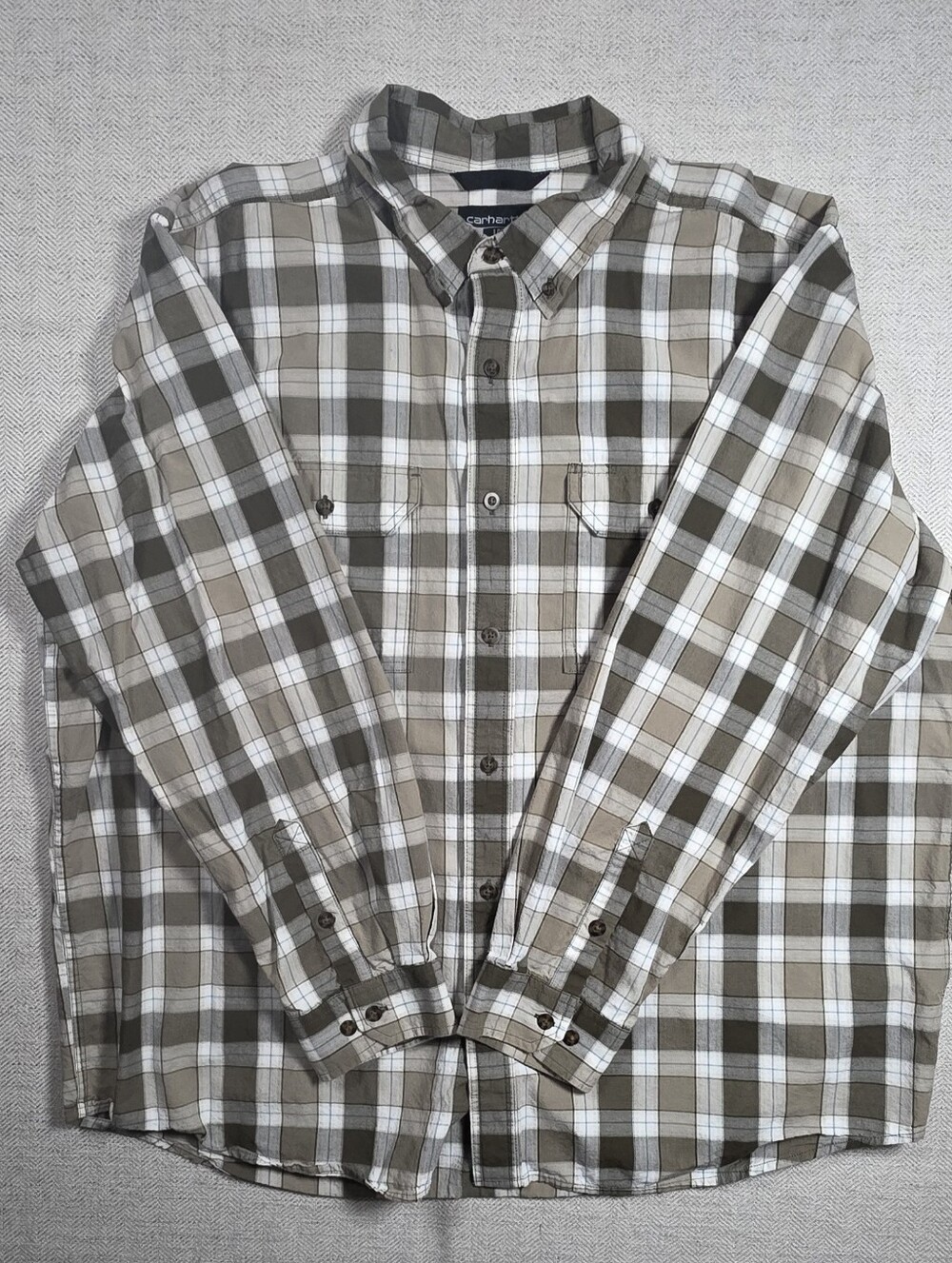 Carhartt Loose Fit Plaid Button Down Work Shirt Men's 2XL Long Sleeve Cotton Gre